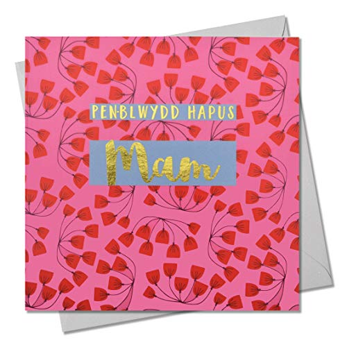 Happy Birthday Glückwunschkarte Mum, rosa Blumen, Grußkarte mit Text foliert in glänzend gold Pen-blwydd Hapus Mam von Claire Giles