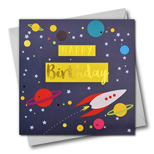 Happy Birthday Grußkarte, Rakete und Planeten, Text in glänzender Goldfolie, offen für Ihn, Freund, Mutter, Vater, Sohn, Freund, Schwester, Bruder von Claire Giles