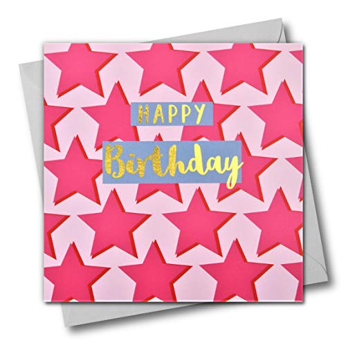 Happy Birthday Grußkarte rosa Sterne Text in glänzend gold offen für Ihn Freund Mama Papa Sohn Freund Schwester Bruder von Claire Giles