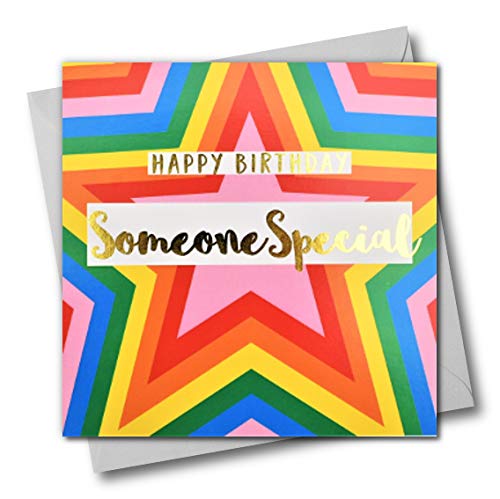 Happy Birthday Someone Special, bunte Sterne, Grußkarte mit Text in Gold glänzend von Claire Giles