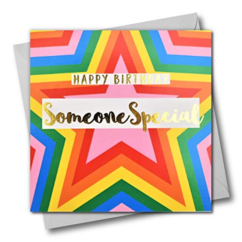 Happy Birthday Someone Special, bunte Sterne, Grußkarte mit Text in Gold glänzend von Claire Giles