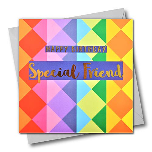 Happy Birthday Special Friend - Bunte Dreiecke - Glückwunschkarte mit Text foliert in glänzend gold von Claire Giles