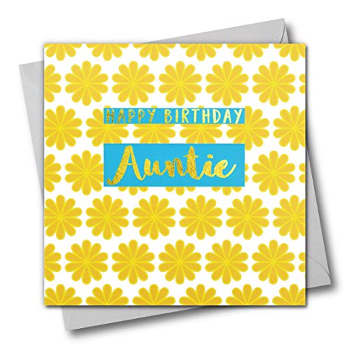 Happy Birthday Tante, gelbe Blumen, Glückwunschkarte mit Text foliert in glänzend gold von Claire Giles
