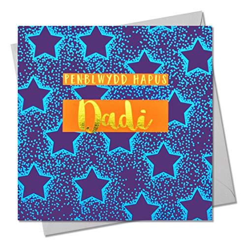 Walisische Geburtstagskarte für den Vater, blaue Sterne, Grußkarte mit Text foliert in glänzendem Gold, Pen-blwydd Hapus Dadi von Claire Giles