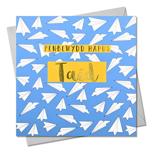 Walisischer Happy Birthday Grußkarte Papa, Papierflugzeuge, Grußkarte mit Text foliert in glänzendem Gold, Pen-blwydd Hapus Taid, WCOL032 von Claire Giles