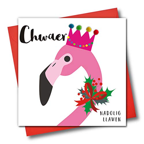 Weihnachtskarte mit walisischen Sprachen, Chwaer, Nadolig Llawen, Happy Christmas Sister, Flamingo von Claire Giles
