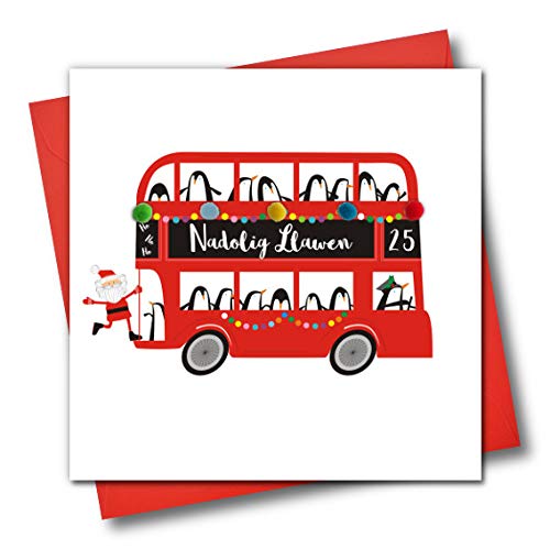 Weihnachtskarte mit walisischen Sprachen, Nadolig Llawen, Happy Christmas, Santa On The Bus von Claire Giles