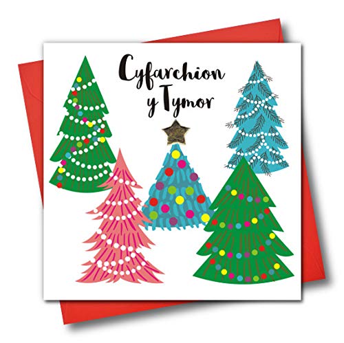 Weihnachtskarte mit walisischer Sprache, Cyfarchion Y Tymor, Season's Greetings, Christmas Trees von Claire Giles