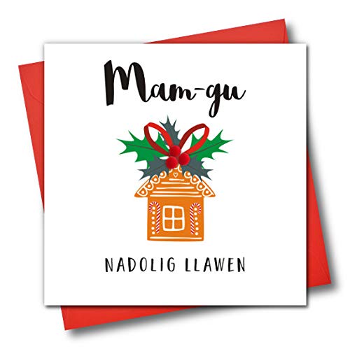 Weihnachtskarte mit walisischer Sprache, Mam-Gu, Nadolig Llawen, Happy Christmas Grandma, Lebkuchenhaus von Claire Giles