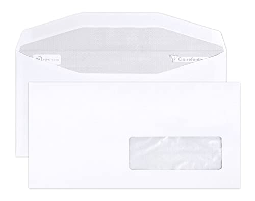 Clairefontaine 10979C - Karton mit 500 Umschlägen DL2-114x229mm, Naßklebend, 80g, mit Sichtfenster 35x100 (20/20), für maschinelle Kuvetierung geeignet, Weiß, 1 Karton von Clairefontaine