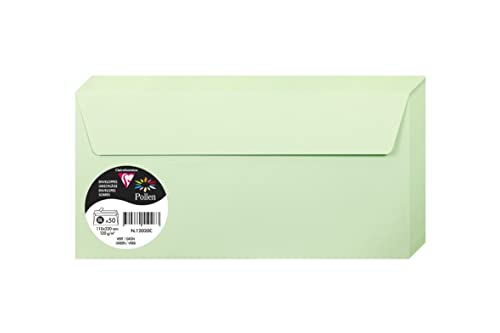 Clairefontaine 120020C - Packung mit 50 Briefumschlägen Pollen, selbstklebend, Format DL 11x22cm, 120g, ideal für Einladungen und Korrespondenz, Grün, 1 Pack von Clairefontaine