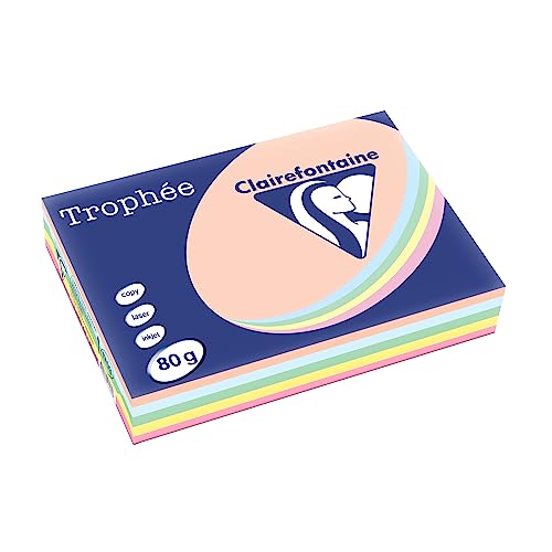 Clairefontaine 1703C - Karton mit 5 Ries Druckerpapier / Kopierpapier Trophee, Pastell Farben, DIN A4, 80g, 500 Blatt x 5, farbig sortiert, 1 Karton von Clairefontaine