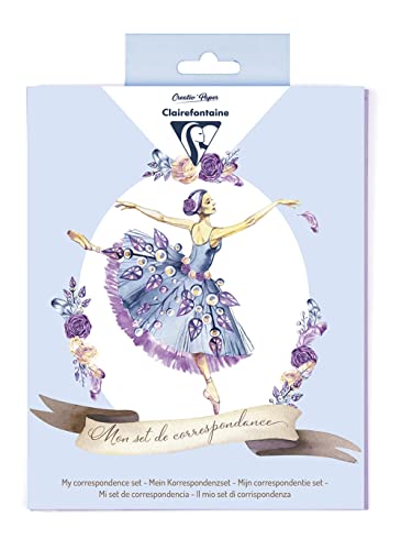 Clairefontaine 20042C - Korrespondenzset Pollen mit 8 Blatt A5 + 8 Umschläge C6 + 4 Karten 11x15,5 cm + 2 Stickerbogen, ideal für Kinder, Ballerina sotiert, 1 Set von Clairefontaine