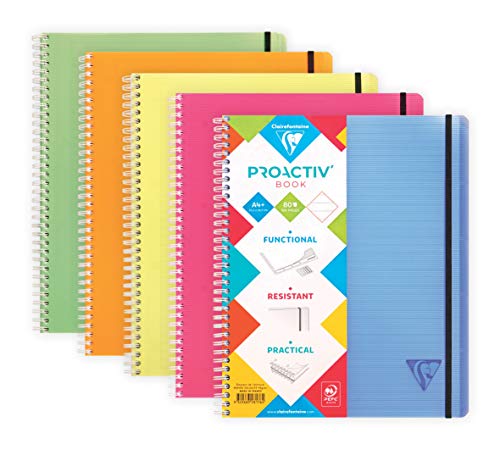 Clairefontaine 328176C - Heft Proactiv'Book DIN A4+ 22,5x29,7 cm, 80 Blatt, liniert mit Rand und Kopfleiste, 4-fach gelocht zur Ablage im Ringbuch / Ordner, Einband aus PP, farbig sortiert, 1 Stück von Clairefontaine