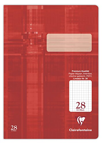 Clairefontaine 331628C - Heft ideal für die Schule, DIN A4, 32 Blatt, 90g, Lineatur 28 durchgehend kariert 5x5mm mit Rand, Rot, 1 Stück von Clairefontaine