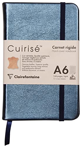 Clairefontaine 400099C Notizbuch (mit Perlmutt-Effekt mit festem Deckel aus Leder, DIN A6, 10,5 x 14,8cm, 72 Blatt, blanko, Gummizugverschluß, Lesezeichen) 1 Stück blau von Clairefontaine