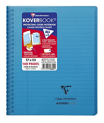 Clairefontaine 556802C - Spiralheft / Schulheft Koverbook mit Doppelspirale 17x22 cm, 80 Blatt, liniert mit Rand, 90g, Einband aus PP, geheftet, Blau, 1 Stück von Clairefontaine