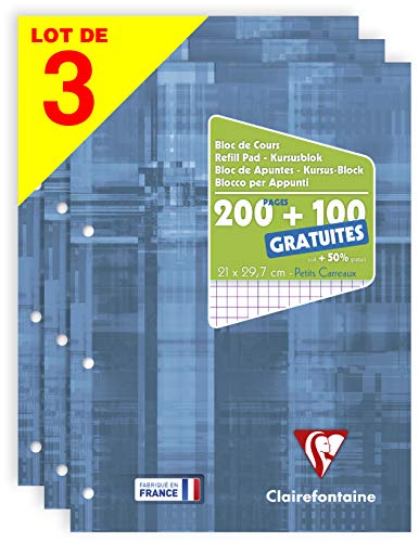 Clairefontaine 65816AMZC - Set mit 3 Kursusblöcken, 150 Blatt, 90g, kariert, 4-fach gelocht, 1 Set, Blau von Clairefontaine