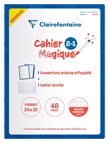 Clairefontaine 66311C - Heft / Cahier Magique, doppelseitiger und abwaschbarer Schiefereinband 24x32 cm, 24 Blatt, französische Lineatur, Blau, 1 Stück von Clairefontaine