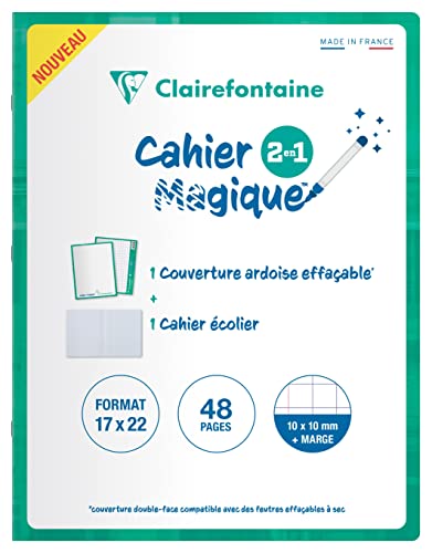 Clairefontaine 66710C - Heft / Cahier Magique, doppelseitiger und abwaschbarer Schiefereinband 17x22 cm, 24 Blatt kariert 10/10 mit Rand, Smaragdgrün, 1 Stück von Clairefontaine