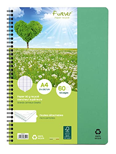 Clairefontaine 68401C - Heft mit Spiralbindung Forever, 100% Recycling Papier, DIN A4, 21 x 29,7 cm, 60 Blatt, französische Lineatur, abtrennbar, 90g, Grün, 1 Stück Clairefontaine 68401C - Heft mit Spiralbindung Forever, 100% Recycling Papier, DIN A4, 21 x 29,7 cm, 60 Blatt, französische Lineatur, abtrennbar, 90g, Grün, 1 Stück von Clairefontaine