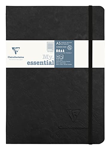 Clairefontaine 793421C Notizbuch AgeBag My Essentials, DIN A5, 14,8 x 21 cm, 96 Blatt, kariert, nummeriert, 90g, 1 Stück, schwarz von Clairefontaine