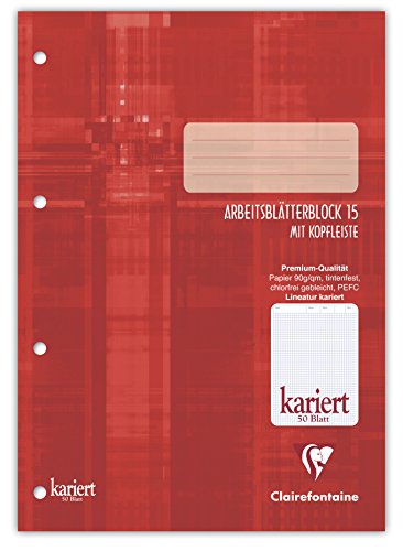Clairefontaine 82615C- Mappe / Arbeitsblätterblock 15, DIN A4, kopfseitig geleimt, 50 Blatt 90g mit Rahmen und Kopfleiste, kariert 1 Stück von Clairefontaine