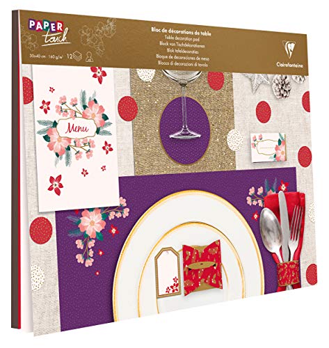 Clairefontaine 95261C Tischdekorationsblock, 1 Menü + 6 Untersetzer + 6 Geschenkboxen + 6 Etiketten + 6 Platzkarten + 6 Tischsets 40 x 30 cm + 34 Konfetti – Motiv Winter Floral von Clairefontaine