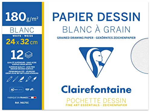 Clairefontaine 96175C - Packung mit 10 Mappen mit 12 Blatt gekörntes Zeichenpapier, 180g, DIN A4+ 24x32 cm, weiß, 1 Pack von Clairefontaine