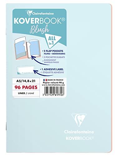 Clairefontaine 961772C Heft Koverbook Blush, DIN A5, 14,8 x 21cm, 48 Blatt, liniert, Umschlag blickdicht, 1 Stück, Eisblau / Korallenrot von Clairefontaine