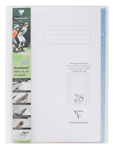 Clairefontaine 973228C - Heft Koverbook Deckel aus PP und Klarsichthüllen, DIN A4, 16 Blatt, 90g, Lineatur 28 durchgehend kariert mit 2 Rändern, farbig sortiert, 1 Stück von Clairefontaine