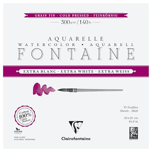 Clairefontaine 976045C - Block Aquarellpapier Fontaine Extraweiß feinkörnig, 4-seitig geleimt, 15 Bogen 300g 20x20 cm, 1 Stück von Clairefontaine