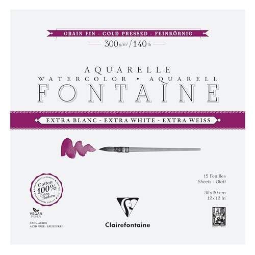 Clairefontaine 976046C - Block Aquarellpapier Fontaine Extraweiß feinkörnig, 4-seitig geleimt, 15 Bogen 300g 30x30 cm, 1 Stück von Clairefontaine