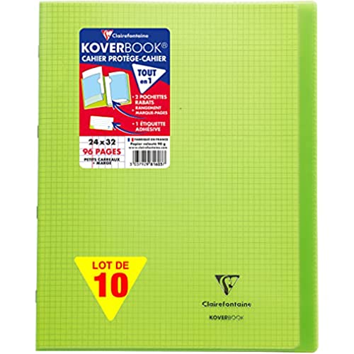 Clairefontaine 981603C - Packung mit 10 Heften Koverbook DIN A4+, 24x32cm, 48 Blatt kariert mit Rand, 90g, Einband PP, Grün, 1 Pack von Clairefontaine