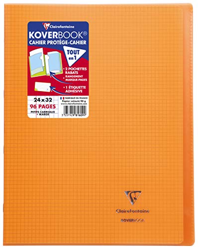 Clairefontaine 981609C - Heft / Notizbuch Koverbook, DIN A4+, 24x32 cm, 48 Blatt 90g, kariert mit Rand, Einband aus transparentem Polypropylen, Orange, 1 Stück von Clairefontaine