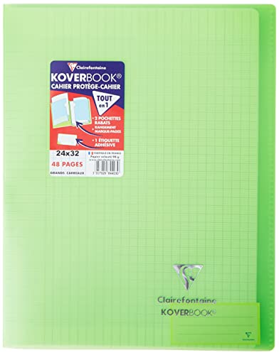 Clairefontaine 984403C - Schulheft / Heft Koverbook DIN A4+ 24x32 cm 24 Blatt 90g, französische Lineatur, Einband aus transparentem Polypropylen, robust, geheftet, Grün, 1 Stück von Clairefontaine