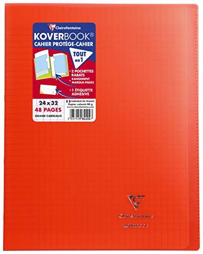 Clairefontaine 984404C - Schulheft / Heft Koverbook DIN A4+ 24x32 cm 24 Blatt 90g, französische Lineatur, Einband aus transparentem Polypropylen, robust, geheftet, Rot, 1 Stück von Clairefontaine