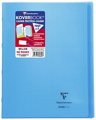 Clairefontaine 984602C - Heft Koverbook, DIN A4+, 24x32 cm, 24 Blatt 90g, kariert 5/5 mit Rand, Einband aus transparentem Polypropylen, Blau, 1 Stück von Clairefontaine