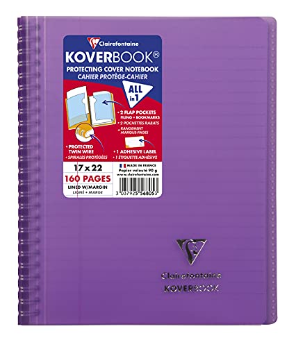 Clairefontaine Koverbook 556805C Notizbuch, Spiralbindung, Violett, 17 x 22 cm, 160 Seiten, liniert, mit Rand, weißes Papier, 90 g, Einband aus Polypropylen von Clairefontaine