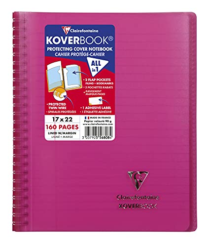 Clairefontaine Koverbook 556808C Notizbuch, Spiralbindung, Rosa, 17 x 22 cm, 160 Seiten, liniert, mit Rand, weißes Papier, 90 g, Einband aus Polypropylen von Clairefontaine