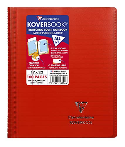 Clairefontaine - Ref 556804C Koverbook Notizbuch mit Spiralbindung, 160 Seiten, 170 x 220 mm, liniert mit Rand, 90 g/m², gebürstetes Pergamentpapier, Polypro-Einband, Rot von Clairefontaine