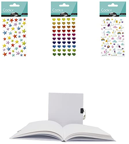 Maildor GB020AMZC - Set mit 1x Tagebuch mit 90 Blatt blanko, 16x16 cm, Cover zum Personalisieren + 3 Bogen 3D Stickers (Herz, Einhorn und Sternen), 1 Set von Clairefontaine