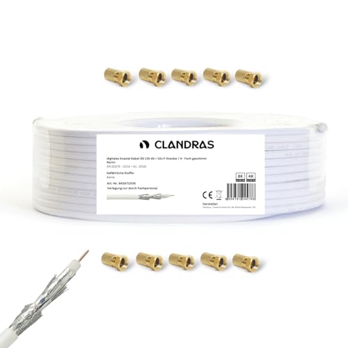 Clandras 30 Meter Koaxialkabel HQ-135 Antennenkabel 135dB SAT Kabel 8K 4K UHD 4-Fach geschirmt für DVB-S / S2 DVB-C / C2 DVB-T / T2 DAB+ Radio BK Anlagen + 10 F-Stecker GRATIS von Clandras