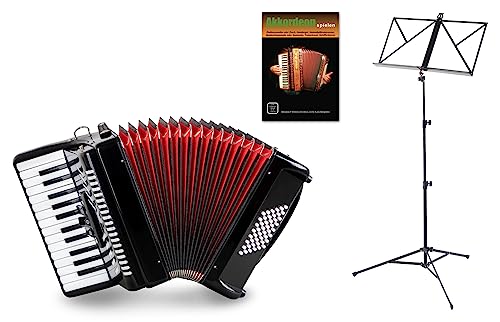 Classic Cantabile 48-Bass Akkordeon 'Secondo V' Set (inkl. Tasche, Riemen, Notenständer & Akkordeon Schule) Schwarz Hochglanz von Classic Cantabile