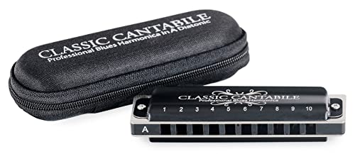 Classic Cantabile AHB-650 PRO Alabama Blues Harmonica A-Dur - Diatonische Mundharmonika m. 10 Phosphor-Bronze Stimmzungen - Angenehm griffiges Messing-Gehäuse (schwarz-matt) - Inkl. Etui & Pflegetuch von Classic Cantabile