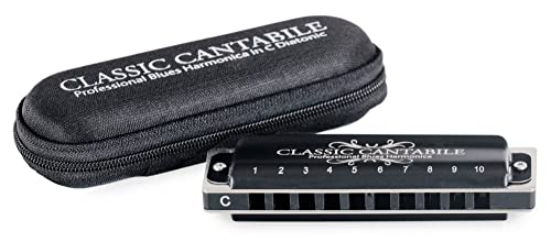 Classic Cantabile AHB-650 PRO Alabama Blues Harmonica C-Dur - Diatonische Mundharmonika m. 10 Phosphor-Bronze Stimmzungen - Angenehm griffiges Messing-Gehäuse (schwarz-matt) - Inkl. Etui & Pflegetuch von Classic Cantabile