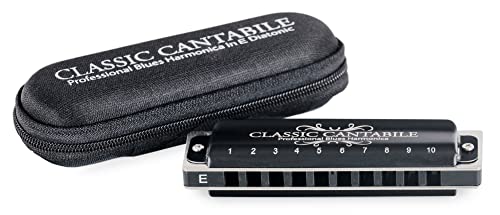 Classic Cantabile AHB-650 PRO Alabama Blues Harmonica E-Dur - Diatonische Mundharmonika m. 10 Phosphor-Bronze Stimmzungen - Angenehm griffiges Messing-Gehäuse (schwarz-matt) - Inkl. Etui & Pflegetuch von Classic Cantabile