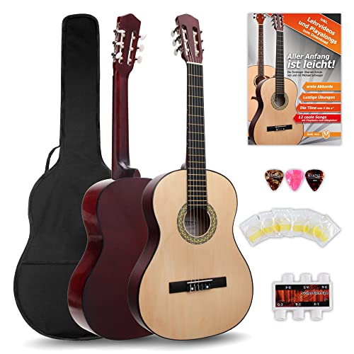 Classic Cantabile AS-851 4/4 Konzertgitarre Starter Set (Komplettes Anfänger Set mit Klassik Gitarre, Gigbag Tasche, Nylonsaiten, Lehrbuch/Schule, 3x Plektren und Stimmpfeife) von Classic Cantabile