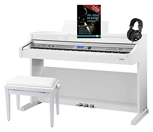 Classic Cantabile DP-A 410 WH E-Piano Set inkl. Bank, Kopfhörer und Schule (Digitalpiano 88 Tasten Hammermechanik, Kopfhöreranschluss, USB, Begleitautomatik, Pedale, inkl. Noten und Hocker) weiß glanz von Classic Cantabile
