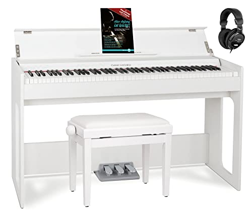 Classic Cantabile DP-S1 WM E-Piano Set - 88 gewichtete Tasten mit Hammermechanik und Anschlagdynamik - 10 Klänge - Slimline-Design - Spar-Set inkl. Klavierbank, Kopfhörer & Schule - Weiß matt von Classic Cantabile